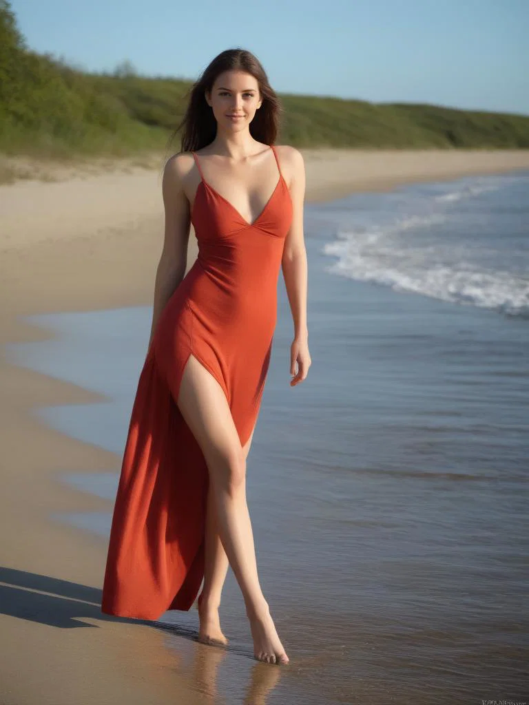 A woman in an orange dress walking along the …