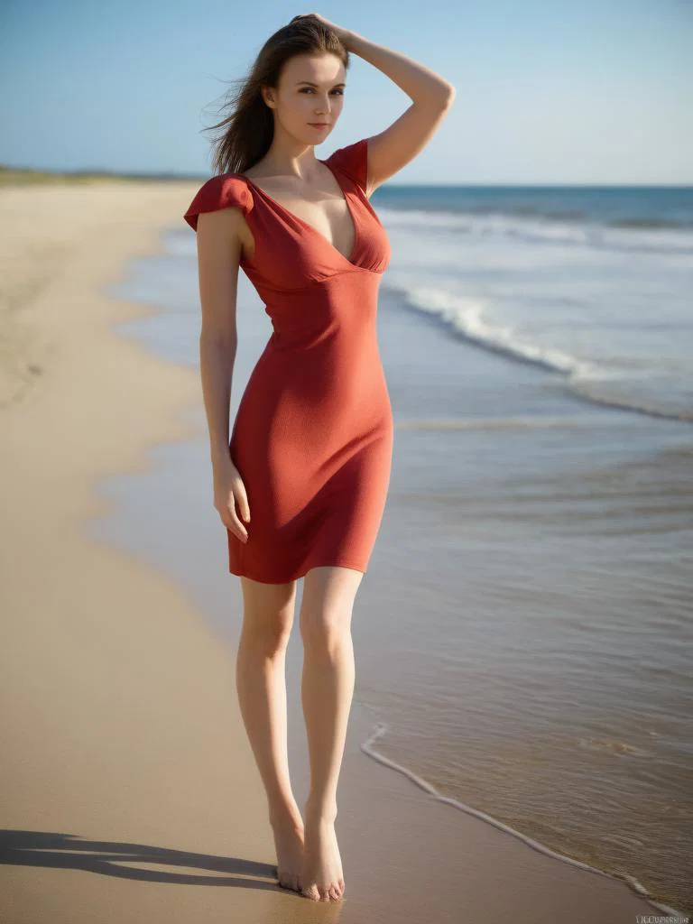 A woman in a red dress with cap sleeves walki…