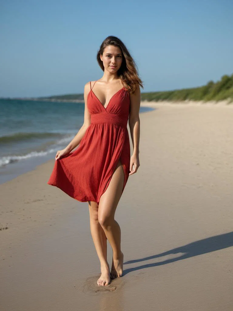 A woman in a red dress walking barefoot on th…