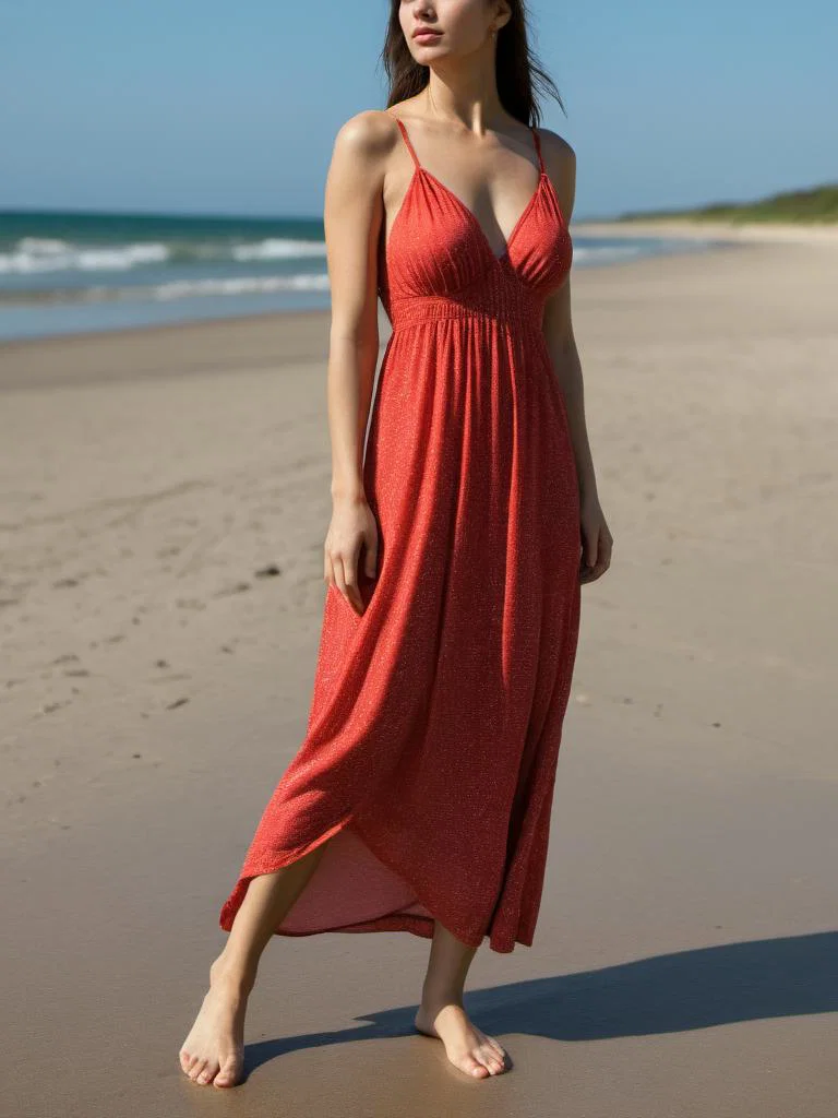 A woman in a red dress standing on the sand, …