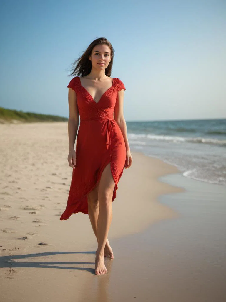 A woman in a red dress walking towards the ca…